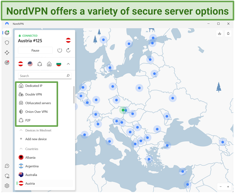 Screenshot of NordVPN's Desktop App Dashboard With Various Server Categories.