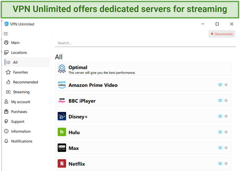 A screenshot showing VPN Unlimited has streaming-optimized servers