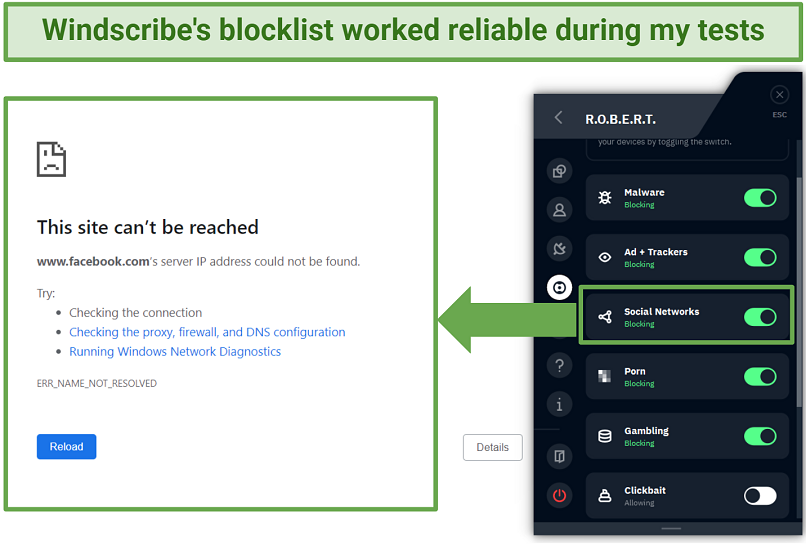 A screenshot showing Windscribe's blocklist is effective