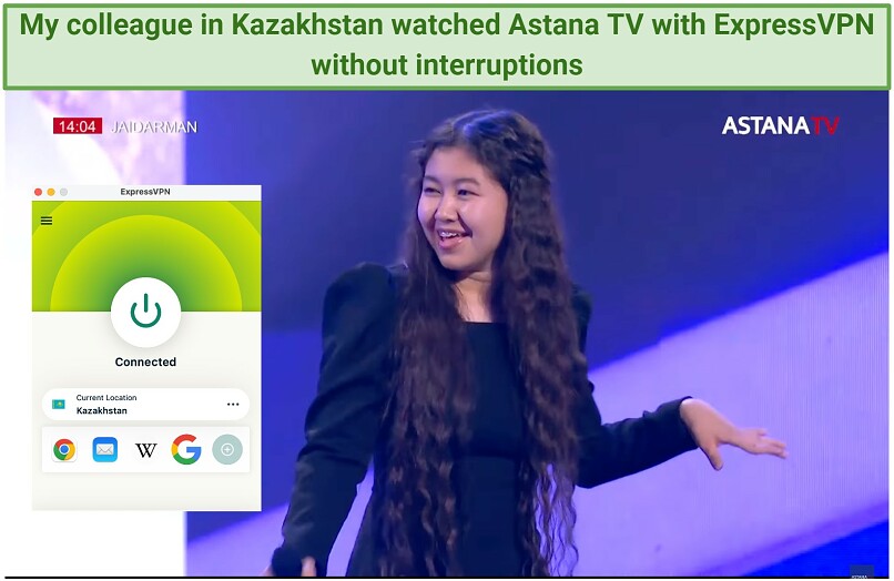 Screenshot of streaming Astana TV with ExpressVPN connected
