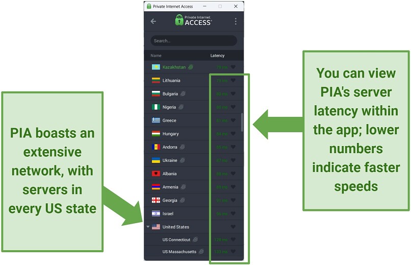 Screenshot of PIA's user-interface showing its extensive server network