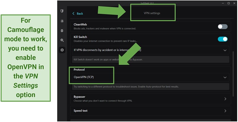 Screenshot of Surfhshark VPN settings menu, showing how to enable OpenVPN