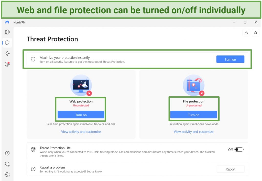 Screenshot of NordVPN's Threat Protection Settings.
