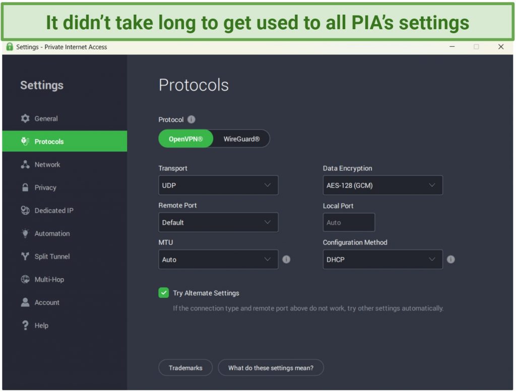 Screenshot of PIA's protocol settings for speed and security.