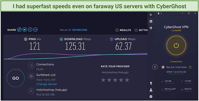 screenshot of CyberGhost's speed test on a US server