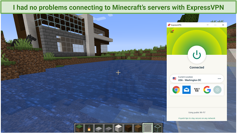 screenshot of Minecraft with ExpressVPN's UI