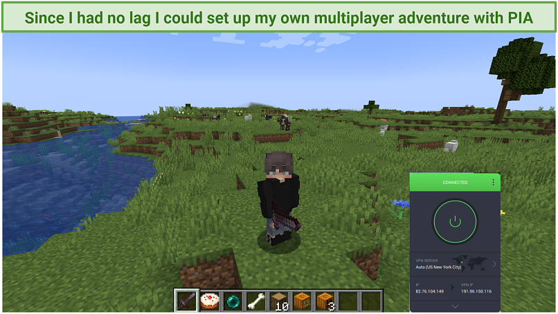 screenshot of Minecraft with PIA's UI