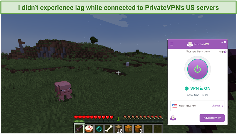 screenshot of Minecraft with PrivateVPN's UI