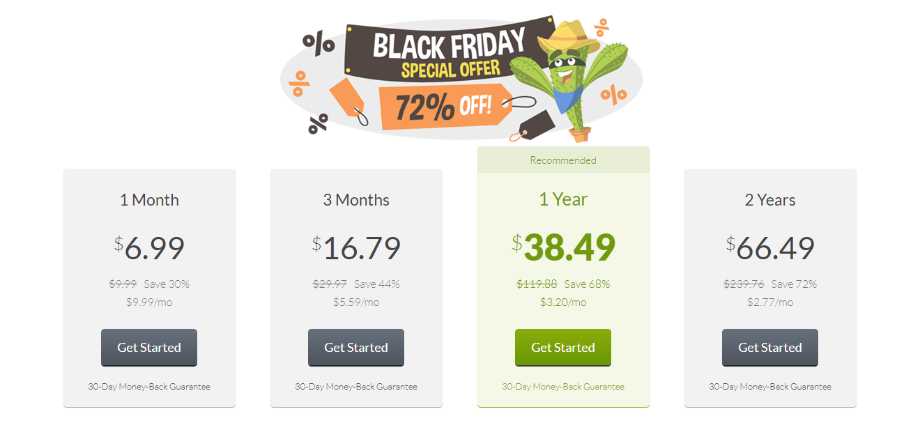 Screenshot of CactusVPN's Black Friday/Cyber Monday Pricing