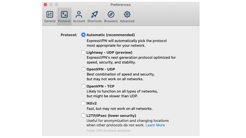 Screenshot showing protocol selection in ExpressVPN settings on mac OS