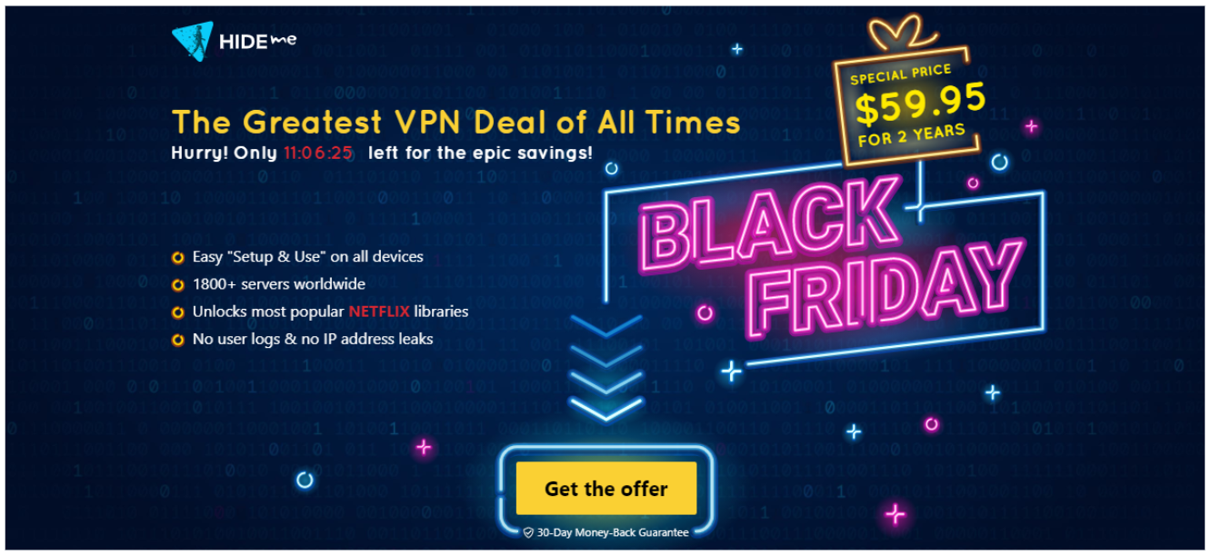 Screenshot of hide.me VPN's Black Friday/Cyber Monday Deal.