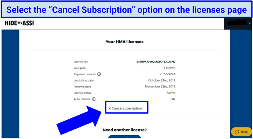 Image showing location of cancelation link on HMA's licenses page