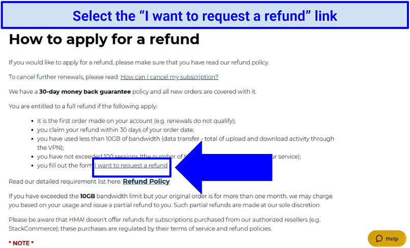 Image showing link location to refund request web form