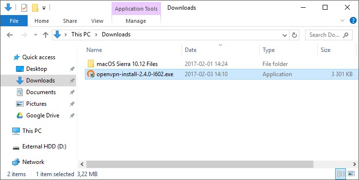 screenshot of OpenVPN install file in windows explorer