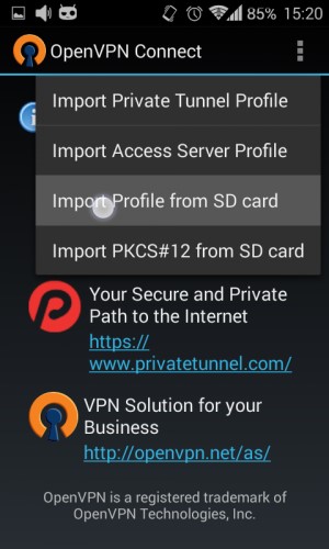 screenshot of Import from SD option in OpenVPN Connect