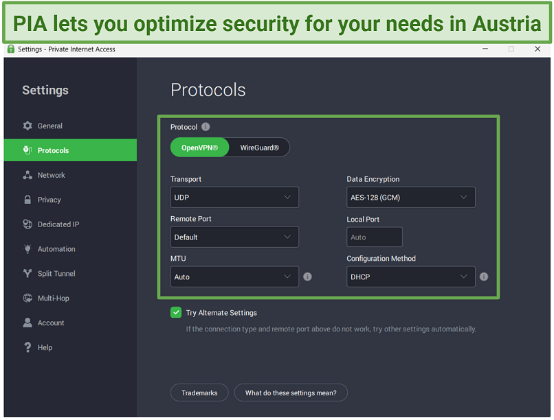 A screenshot showing PIA's Advanced Security Settings in the Desktop App.