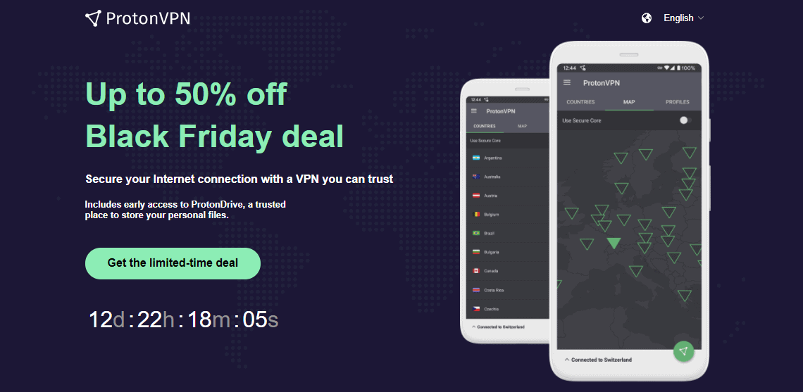 Screenshot of ProtonVPN's Black Friday/Cyber Monday Deal.