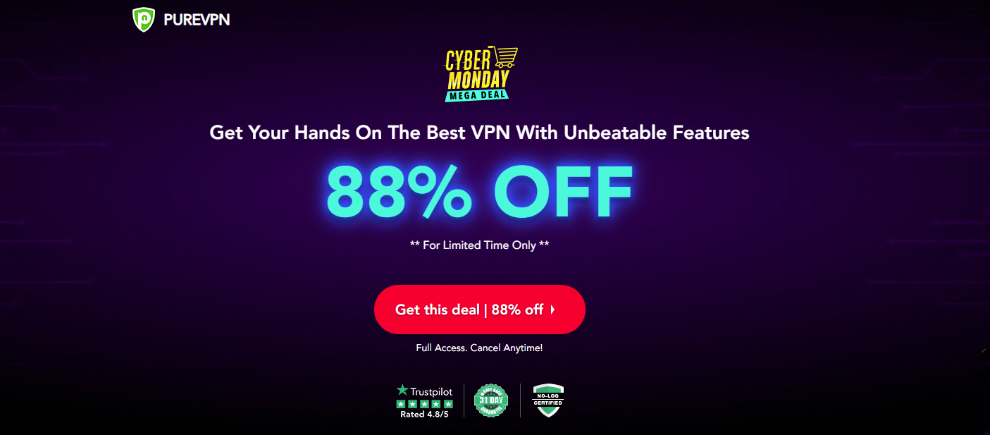 Screenshot of PureVPN's Black Friday/Cyber Monday Deal