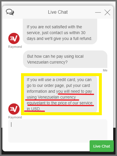 screenshot of ExpressVPN's live chat