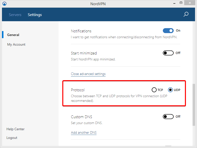 screenshot of NordVPN's Settings