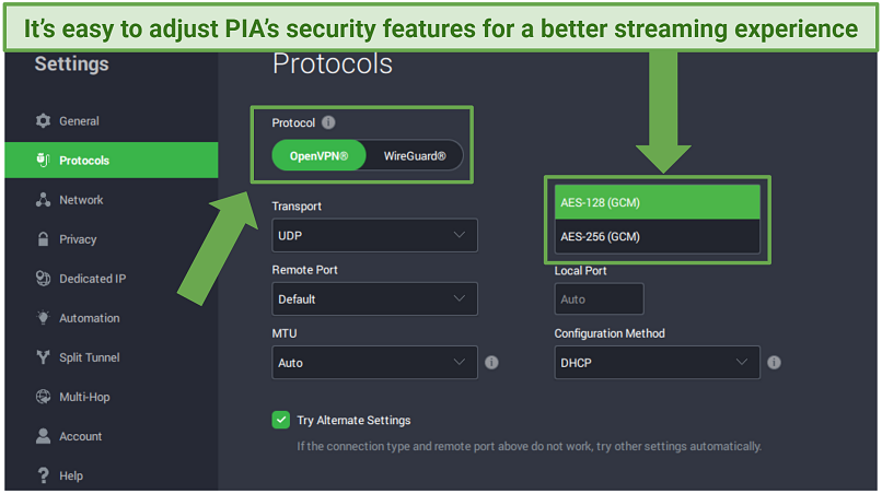 A screenshot showing how to change protocols and encryption level within PIA's settings