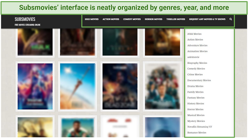 A screenshot showing Subsmovies' homepage organized by movie genres, year, and more