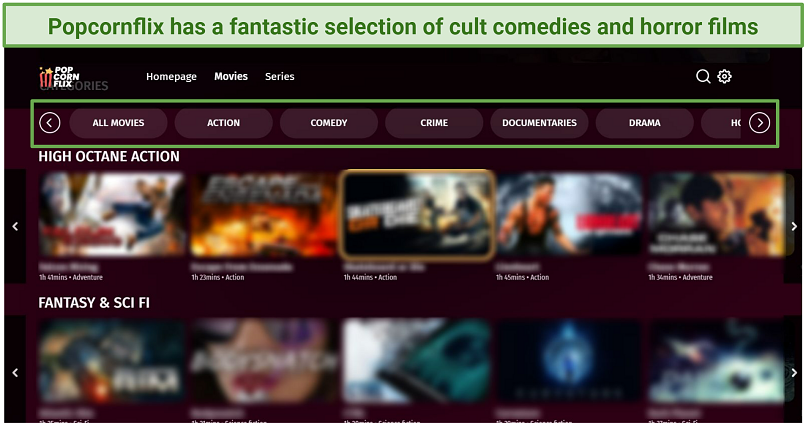 A screenshot displaying Popcornflix's homepage organized by movie genres