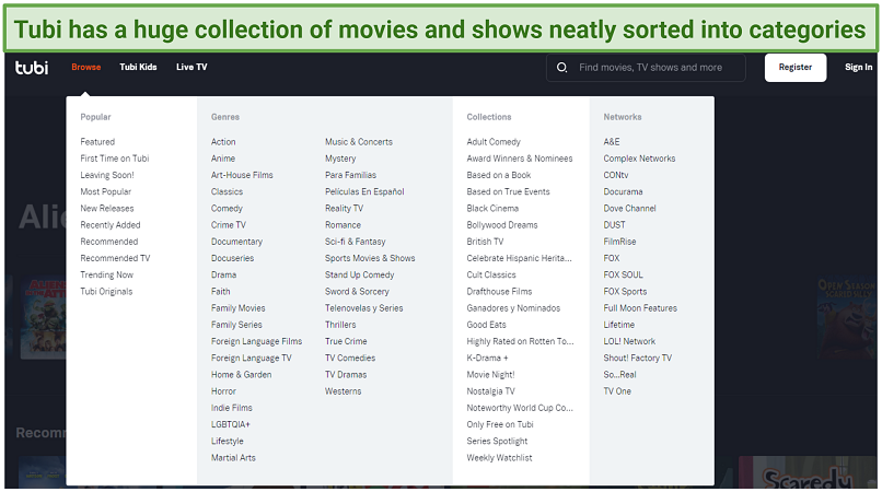 A screenshot showing Tubi nicely organizes its content into easy-to-find categories.