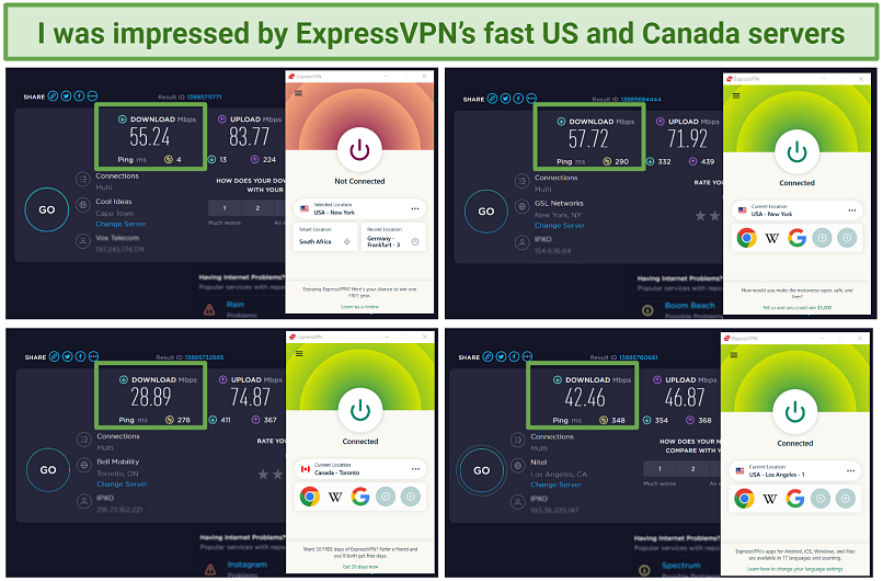 A screenshot showing ExpressVPN delivers consistent speeds across the network