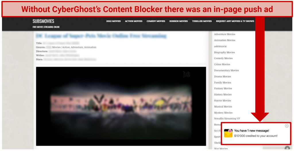 A screenshot showing an in-page push ad Subsmovies when not using CyberGhost's Content Blocker