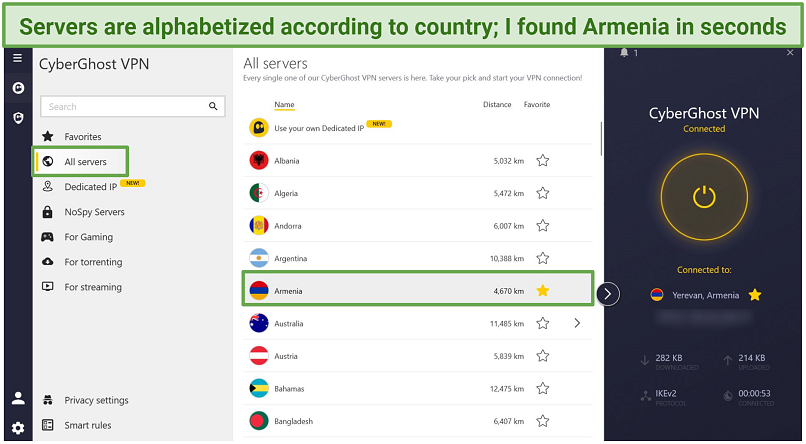 A snapshot showing CyberGhost connected to an Armenian server.