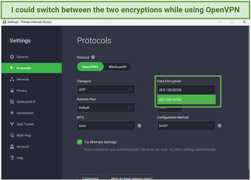 A screenshot of PIA's Protocols showing OpenVPN matched with AES-256 (GCM)