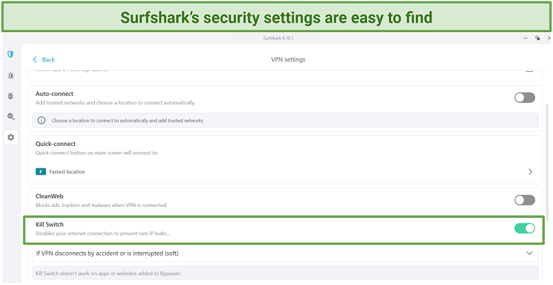A snapshot of Surfshark settings window showing killswitch activated