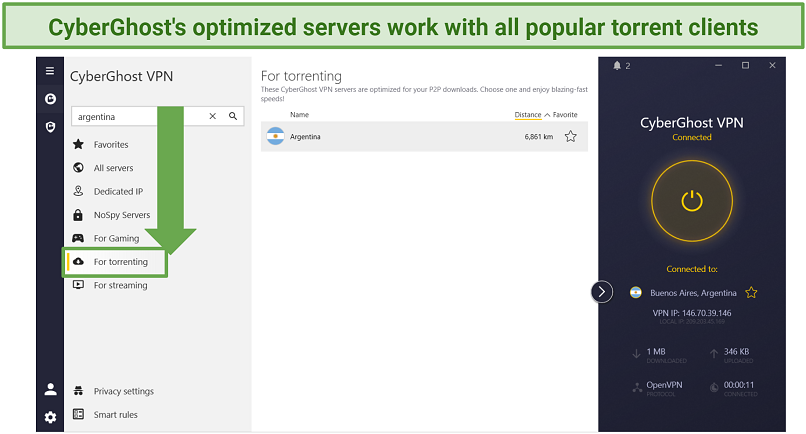 Screenshot of CyberGhost's Windows app showing torrenting-optimized servers for Argentina