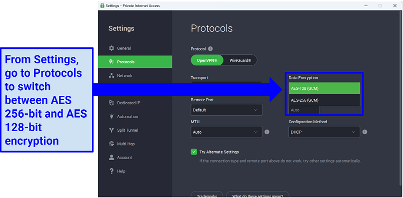 A snapshot of PIA's app inside the Settings tab showing how to switch the protocol and encryption options