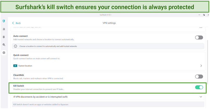 A screenshot of Surfshark dashboard showing its kill switch activated