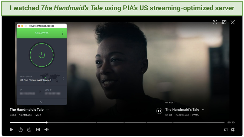 A screenshot of streaming The Handmaid's Tale on Hulu using PIA's US East Streaming Optimized server