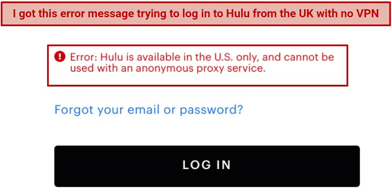 Image of the error message when trying to access Hulu outside of the US