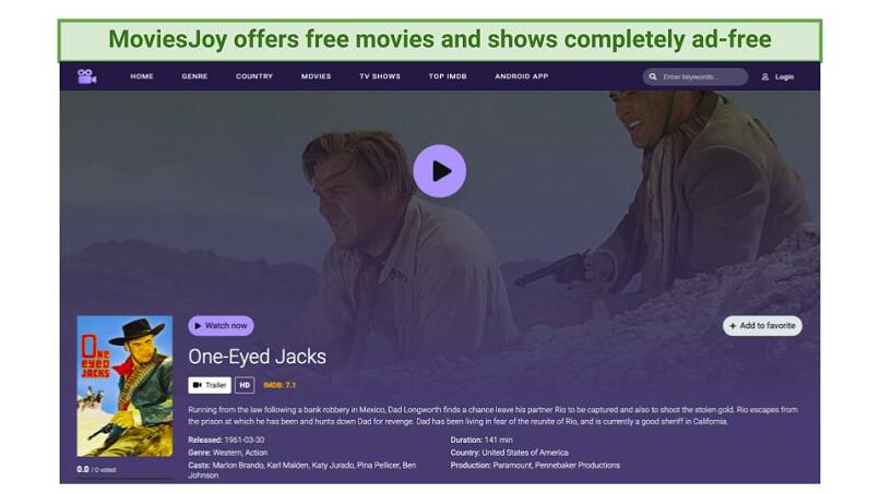 Screenshot of MoviesJoy website showing the movie 'One-Eyed Jacks'