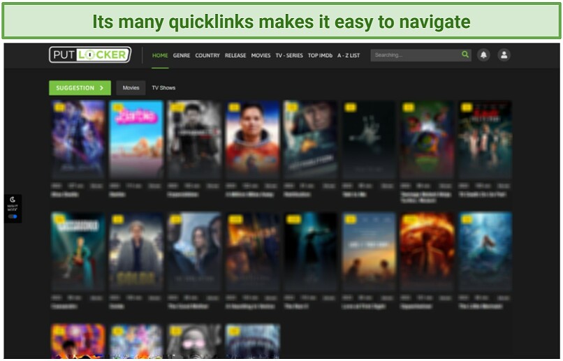 Screenshot of Putlocker's homepage with navigation menu.