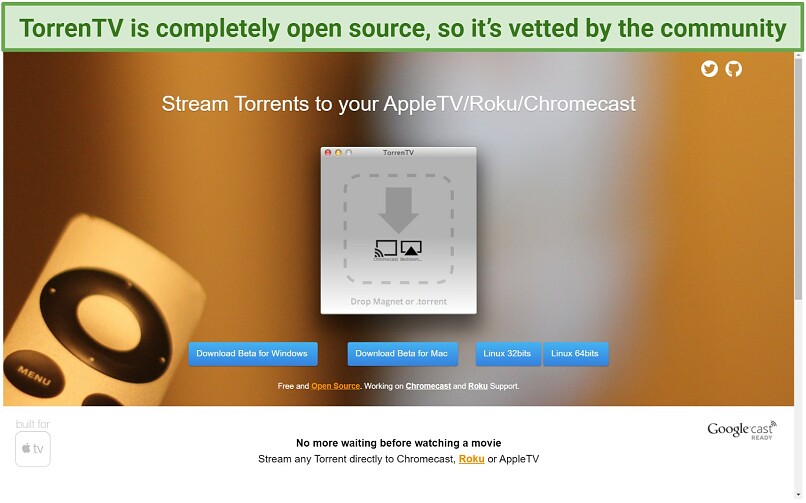 Screenshot of TorrenTV homepage with download options for different devices.