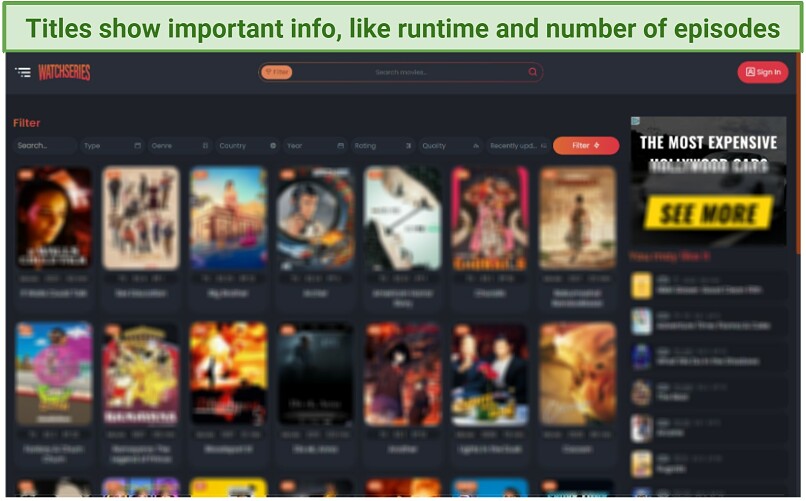 Screenshot of the WatchSeries interface with its search and filter functionality.