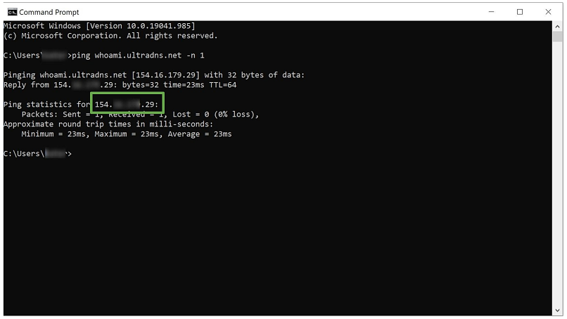 Windows Command Prompt showing no leaks using ExpressVPN