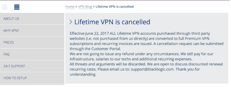 screenshot of cancelled ExpressVPN lifetime subscription