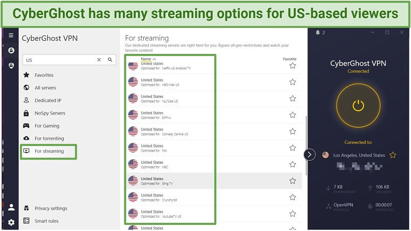 A screenshot with CyberGhost's app dashboard showing many of its streaming-optimized servers in the US.