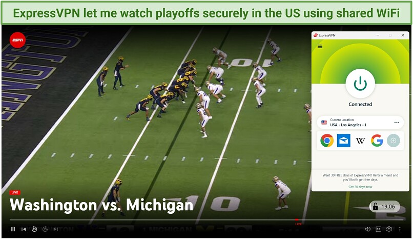 A screenshot of streaming the college football playoff finals while connected to ExpressVPN's Los Angeles server.