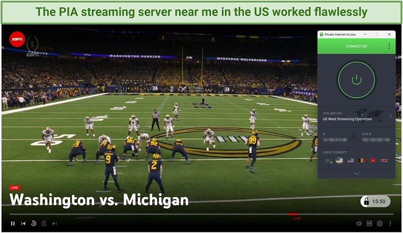 A screenshot of streaming the college football playoffs final while connected to PIA's US West streaming server.