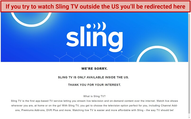 Screenshot of unexpected error page when trying to visit Sling TV from outside the US.