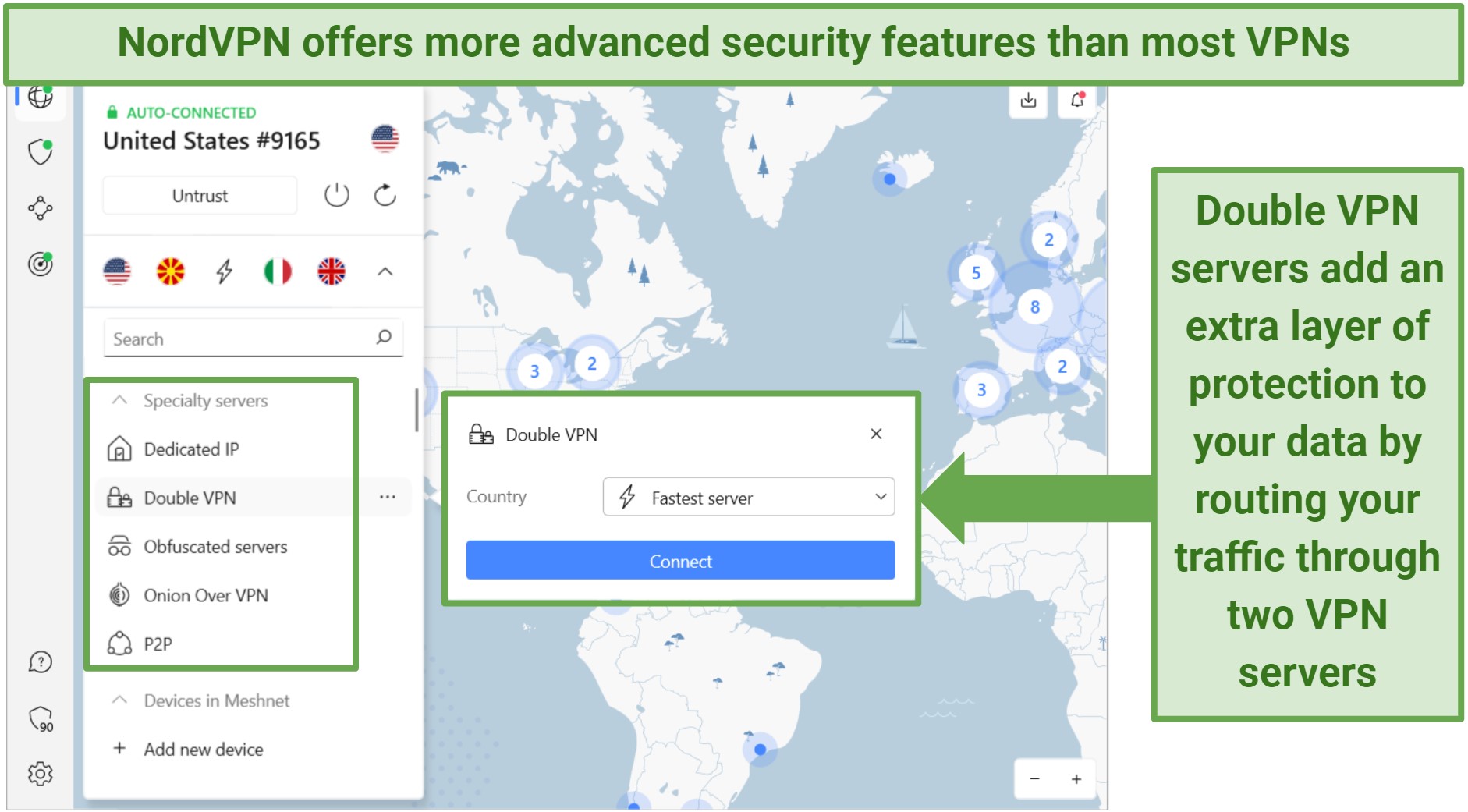 Screenshot of NordVPN's app showing its specialized security servers