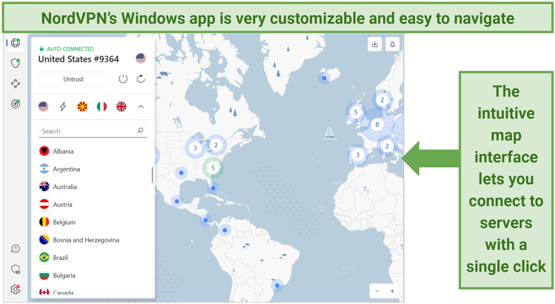 Screenshot of NordVPN's Windows app showing the main screen